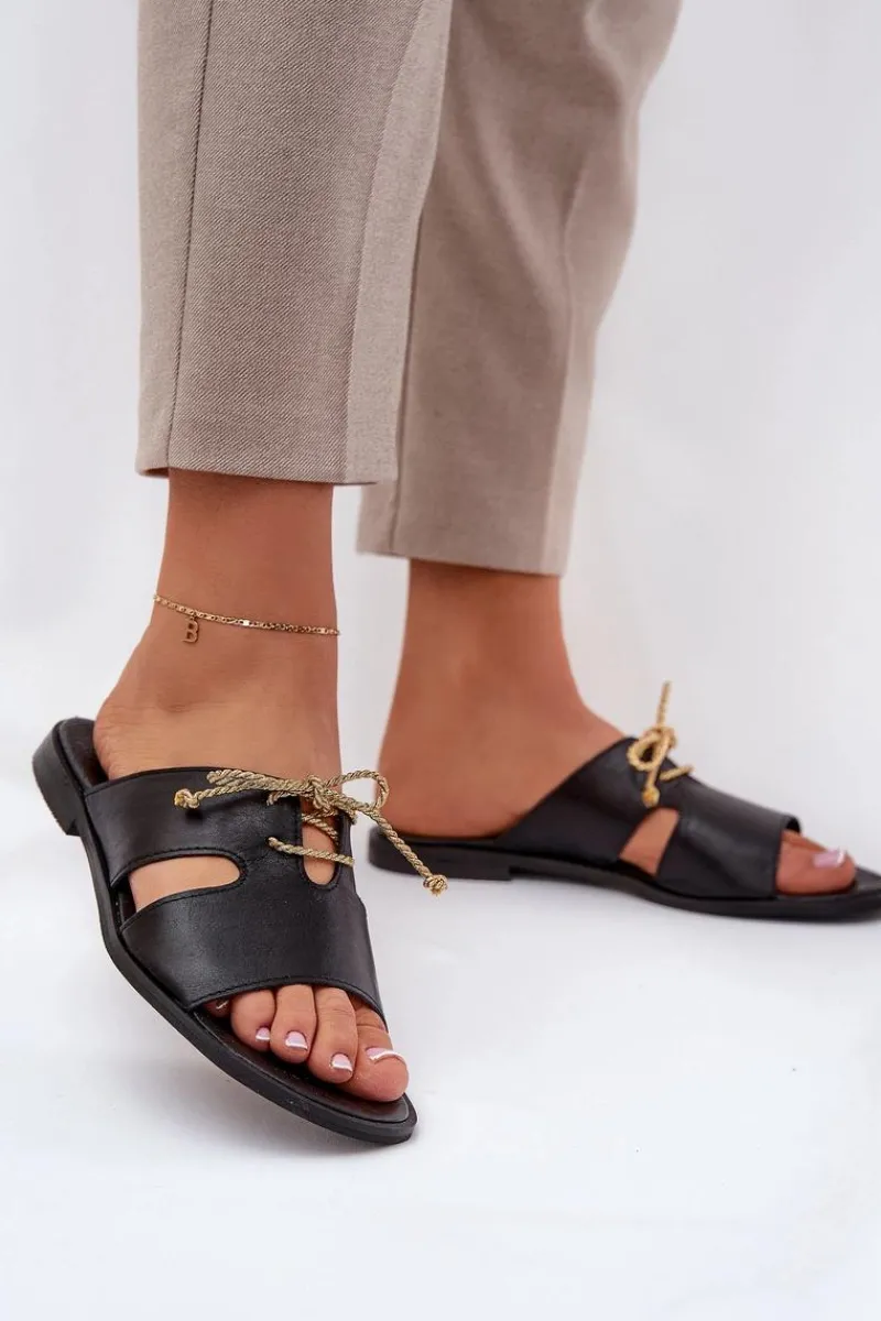 Klapki Damskie Klasyczne>Zazoo Skórzane Klapki Damskie Na Płaskim Obcasie 3022 Czarne Czarny