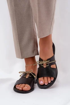 Klapki Damskie Klasyczne>Zazoo Skórzane Klapki Damskie Na Płaskim Obcasie 3022 Czarne Czarny