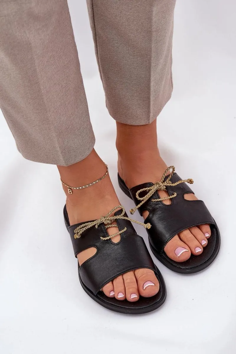 Klapki Damskie Klasyczne>Zazoo Skórzane Klapki Damskie Na Płaskim Obcasie 3022 Czarne Czarny