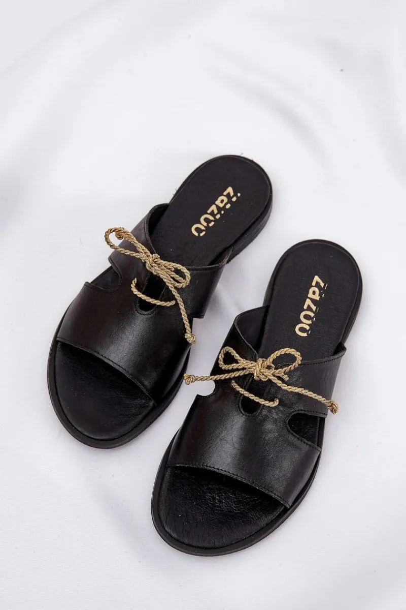 Klapki Damskie Klasyczne>Zazoo Skórzane Klapki Damskie Na Płaskim Obcasie 3022 Czarne Czarny