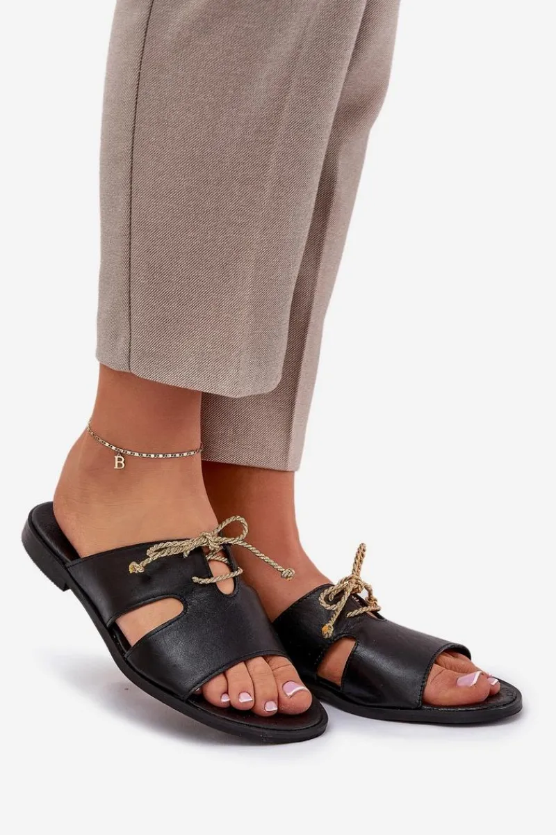 Klapki Damskie Klasyczne>Zazoo Skórzane Klapki Damskie Na Płaskim Obcasie 3022 Czarne Czarny