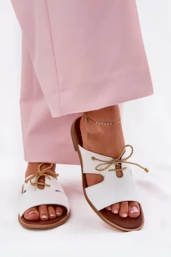 New Zazoo Skórzane Klapki Damskie Na Płaskim Obcasie 3022 Białe Biały