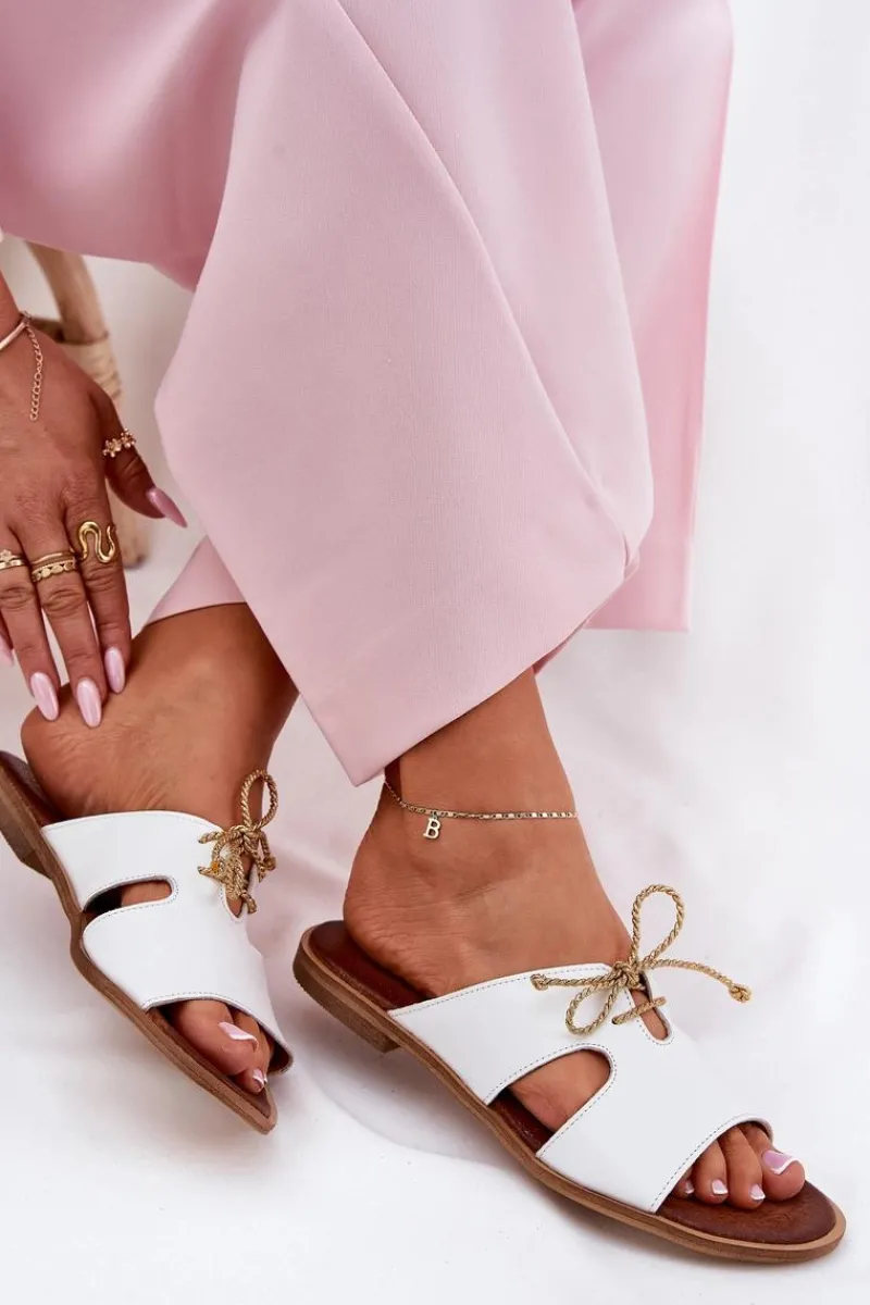 New Zazoo Skórzane Klapki Damskie Na Płaskim Obcasie 3022 Białe Biały