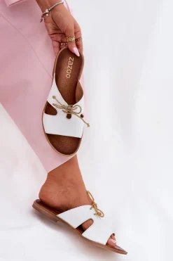 New Zazoo Skórzane Klapki Damskie Na Płaskim Obcasie 3022 Białe Biały