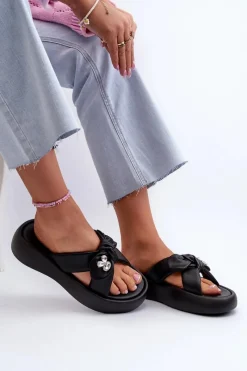 Klapki Na Platformie|Klapki Damskie Klasyczne>GOE Skórzane Klapki Damskie Na Platformie Czarne NN2N4110 Czarny