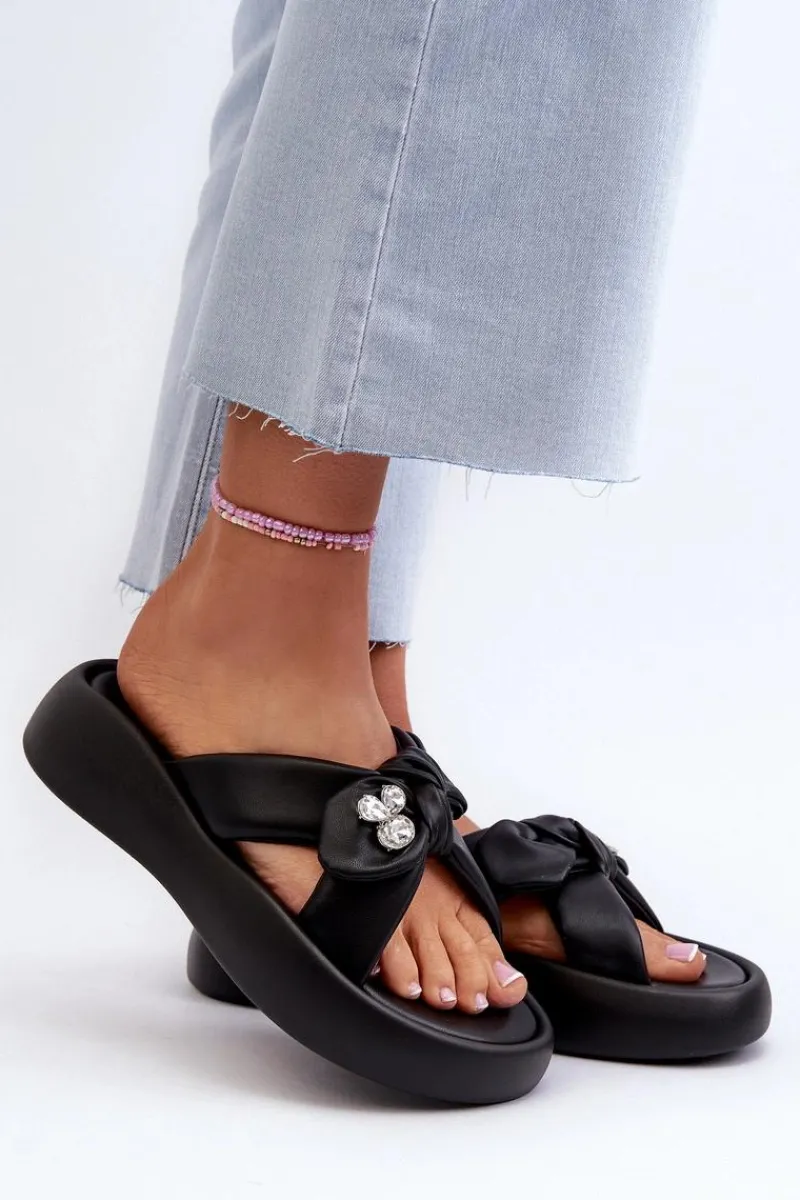 Klapki Na Platformie|Klapki Damskie Klasyczne>GOE Skórzane Klapki Damskie Na Platformie Czarne NN2N4110 Czarny