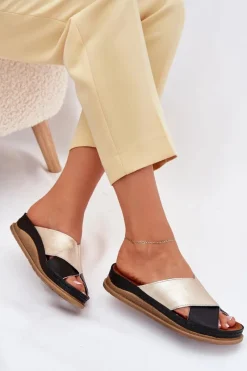 Clearance Maciejka Skórzane Klapki Damskie Na Platformie L4986-25 Złoto-Czarne