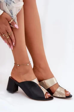 Klapki Na Obcasie|Klapki Damskie Klasyczne>Maciejka Skórzane Klapki Damskie Na Słupku 06943-25 Czarno-Złote