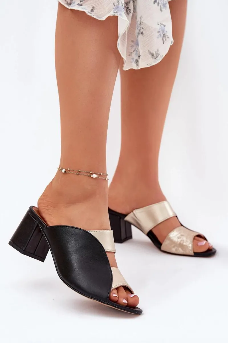 Klapki Na Obcasie|Klapki Damskie Klasyczne>Maciejka Skórzane Klapki Damskie Na Słupku 06943-25 Czarno-Złote