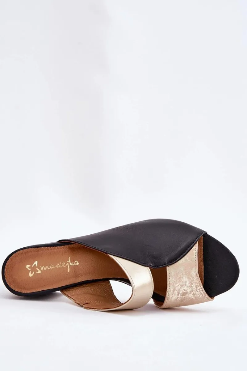 Klapki Na Obcasie|Klapki Damskie Klasyczne>Maciejka Skórzane Klapki Damskie Na Słupku 06943-25 Czarno-Złote