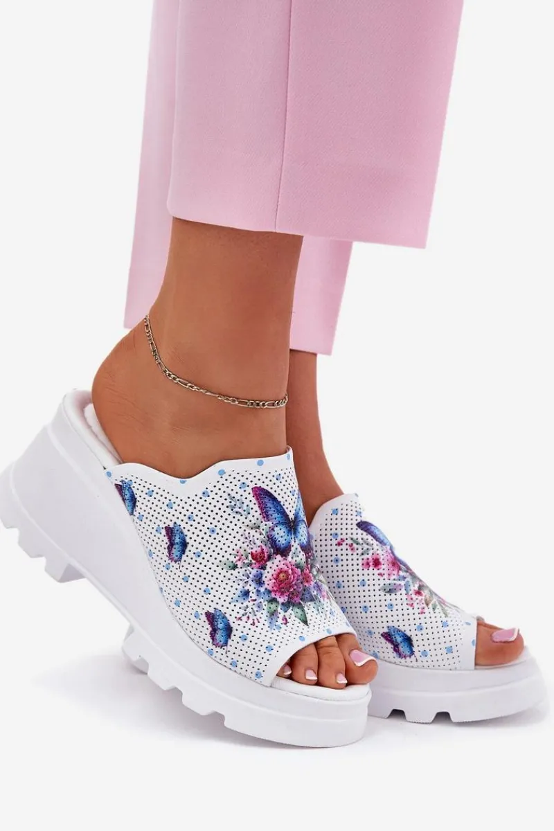 Best Skórzane Klapki Damskie Na Koturnie Artiker 56C0428 Białe Damskie Klapki Na Koturnie|Klapki Damskie Klasyczne