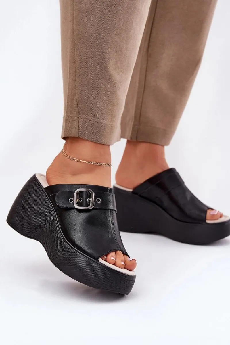 Best Skórzane Klapki Damskie Na Platformie I Koturnie Z Klamrą S.Barski LR51-542 Czarne Damskie Klapki Na Koturnie|Klapki Na Platformie