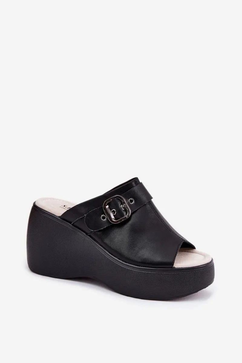 Best Skórzane Klapki Damskie Na Platformie I Koturnie Z Klamrą S.Barski LR51-542 Czarne Damskie Klapki Na Koturnie|Klapki Na Platformie