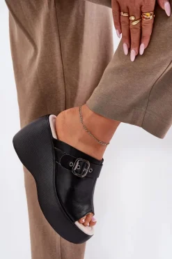 Best Skórzane Klapki Damskie Na Platformie I Koturnie Z Klamrą S.Barski LR51-542 Czarne Damskie Klapki Na Koturnie|Klapki Na Platformie