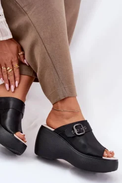 Best Skórzane Klapki Damskie Na Platformie I Koturnie Z Klamrą S.Barski LR51-542 Czarne Damskie Klapki Na Koturnie|Klapki Na Platformie