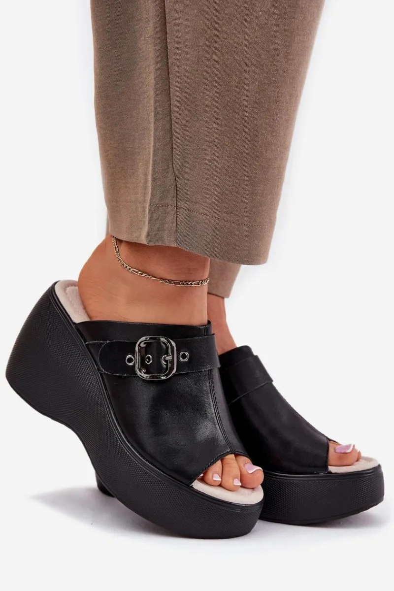 Best Skórzane Klapki Damskie Na Platformie I Koturnie Z Klamrą S.Barski LR51-542 Czarne Damskie Klapki Na Koturnie|Klapki Na Platformie