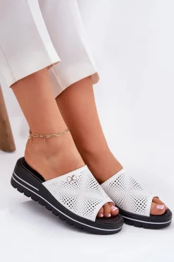 Discount Buty damskie Vinceza Skórzane Klapki Damskie Na Koturnie Vinceza 41477 Białe Biały