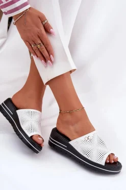 Discount Buty damskie Vinceza Skórzane Klapki Damskie Na Koturnie Vinceza 41477 Białe Biały