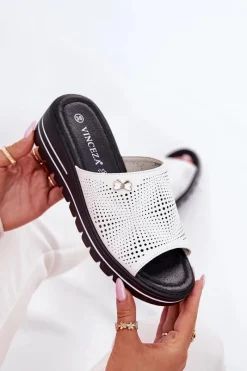 Discount Buty damskie Vinceza Skórzane Klapki Damskie Na Koturnie Vinceza 41477 Białe Biały