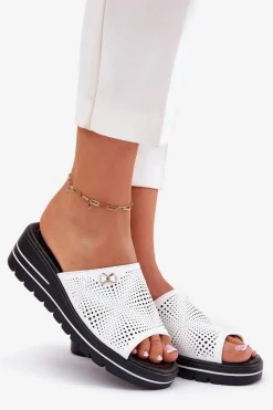 Discount Buty damskie Vinceza Skórzane Klapki Damskie Na Koturnie Vinceza 41477 Białe Biały