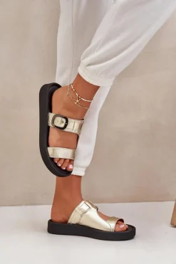 Online Skórzane Klapki Damskie Na Platformie 3024 Złote Damskie Klapki Damskie Klasyczne