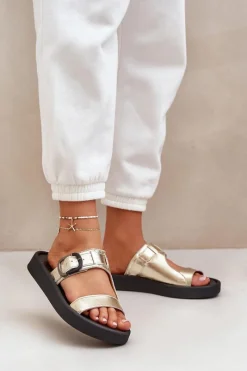 Online Skórzane Klapki Damskie Na Platformie 3024 Złote Damskie Klapki Damskie Klasyczne