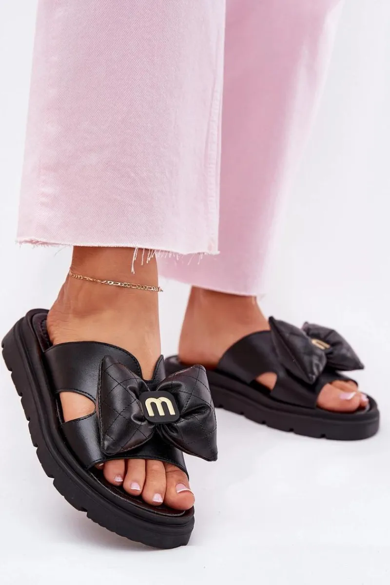 Klapki Na Platformie|Klapki Damskie Klasyczne>CheBello Skórzane Klapki Damskie Na Platformie Z Kokardą 4647 Czarne Czarny