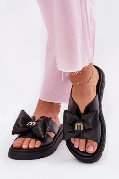 Klapki Na Platformie|Klapki Damskie Klasyczne>CheBello Skórzane Klapki Damskie Na Platformie Z Kokardą 4647 Czarne Czarny