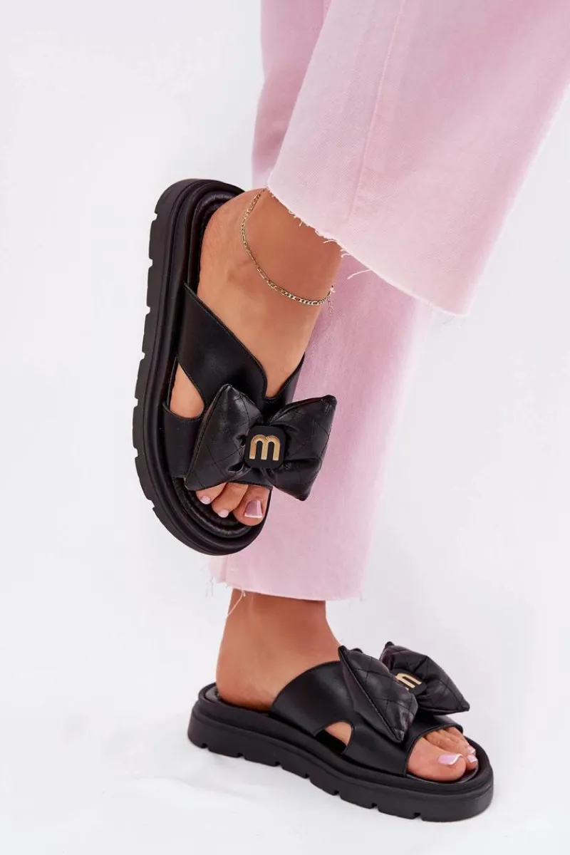 Klapki Na Platformie|Klapki Damskie Klasyczne>CheBello Skórzane Klapki Damskie Na Platformie Z Kokardą 4647 Czarne Czarny