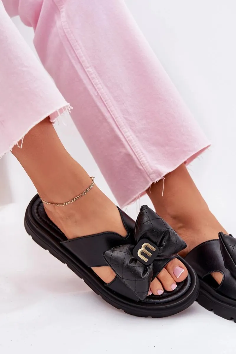Klapki Na Platformie|Klapki Damskie Klasyczne>CheBello Skórzane Klapki Damskie Na Platformie Z Kokardą 4647 Czarne Czarny