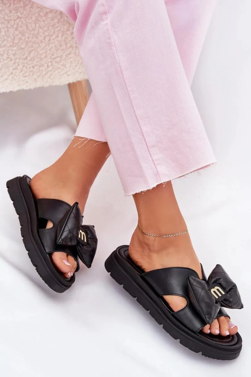 Klapki Na Platformie|Klapki Damskie Klasyczne>CheBello Skórzane Klapki Damskie Na Platformie Z Kokardą 4647 Czarne Czarny