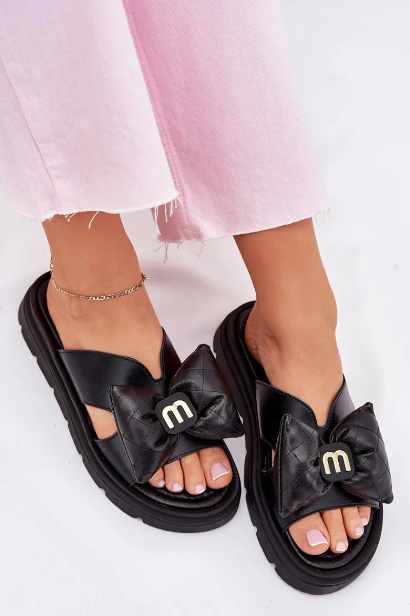 Klapki Na Platformie|Klapki Damskie Klasyczne>CheBello Skórzane Klapki Damskie Na Platformie Z Kokardą 4647 Czarne Czarny