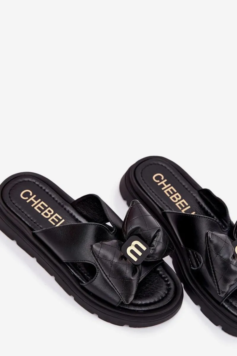 Klapki Na Platformie|Klapki Damskie Klasyczne>CheBello Skórzane Klapki Damskie Na Platformie Z Kokardą 4647 Czarne Czarny