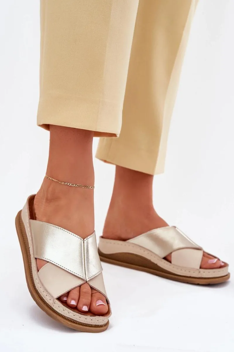 Outlet Skórzane Klapki Damskie Na Platformie L4986-37 Beżowo-Złote Damskie Klapki Damskie Klasyczne