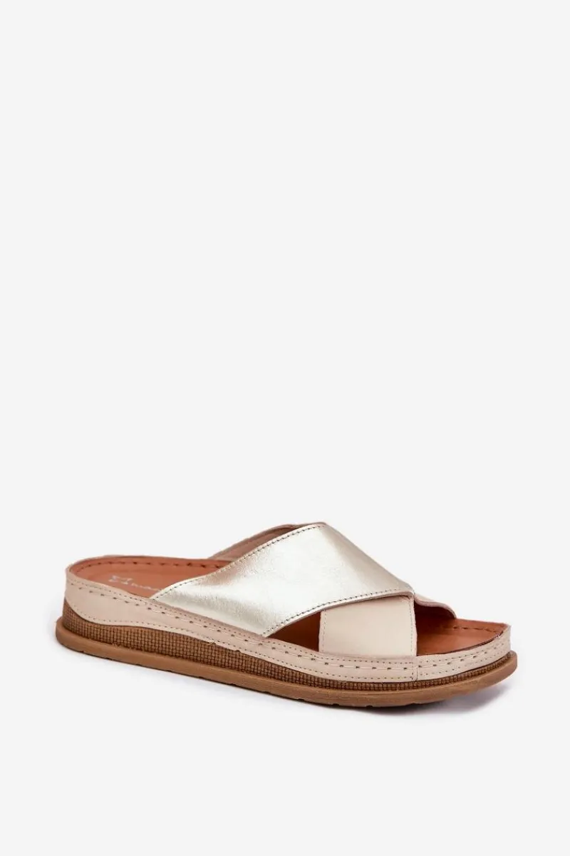 Outlet Skórzane Klapki Damskie Na Platformie L4986-37 Beżowo-Złote Damskie Klapki Damskie Klasyczne