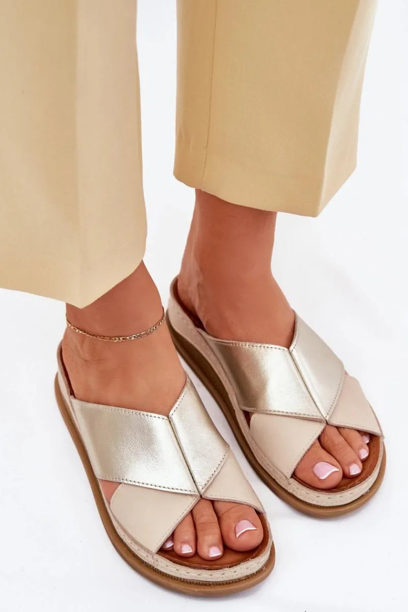 Outlet Skórzane Klapki Damskie Na Platformie L4986-37 Beżowo-Złote Damskie Klapki Damskie Klasyczne