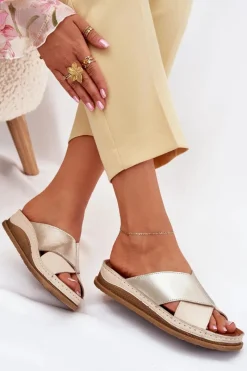 Outlet Skórzane Klapki Damskie Na Platformie L4986-37 Beżowo-Złote Damskie Klapki Damskie Klasyczne