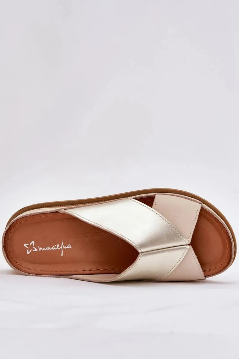 Outlet Skórzane Klapki Damskie Na Platformie L4986-37 Beżowo-Złote Damskie Klapki Damskie Klasyczne