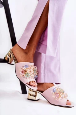 Klapki Na Obcasie|Klapki Damskie Klasyczne>Boto Skórzane Klapki Damskie Na Obcasie Z Ozdobą Różowe Calinda