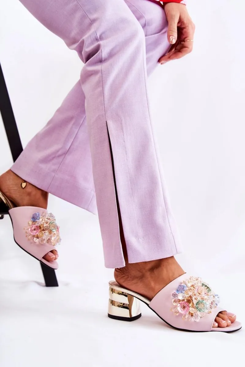 Klapki Na Obcasie|Klapki Damskie Klasyczne>Boto Skórzane Klapki Damskie Na Obcasie Z Ozdobą Różowe Calinda