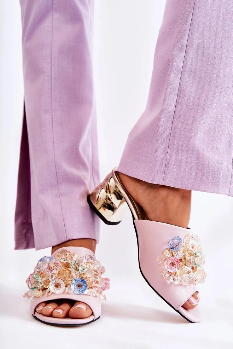 Klapki Na Obcasie|Klapki Damskie Klasyczne>Boto Skórzane Klapki Damskie Na Obcasie Z Ozdobą Różowe Calinda