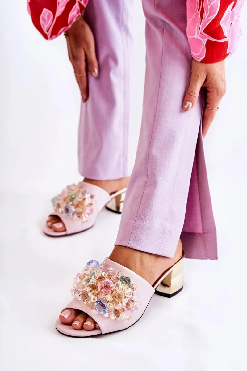 Klapki Na Obcasie|Klapki Damskie Klasyczne>Boto Skórzane Klapki Damskie Na Obcasie Z Ozdobą Różowe Calinda