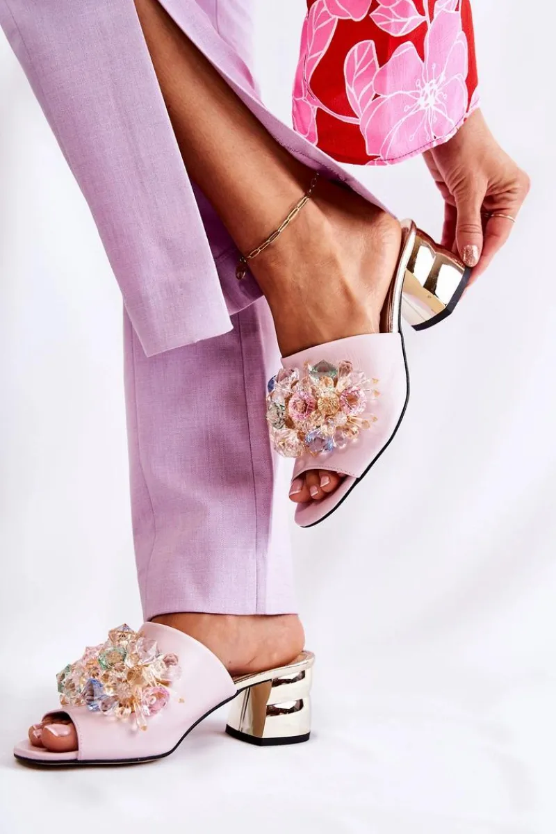 Klapki Na Obcasie|Klapki Damskie Klasyczne>Boto Skórzane Klapki Damskie Na Obcasie Z Ozdobą Różowe Calinda