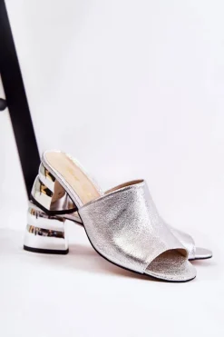 Online Skórzane Klapki Damskie Na Obcasie Srebrne Perry Damskie Klapki Na Obcasie|Klapki Damskie Klasyczne