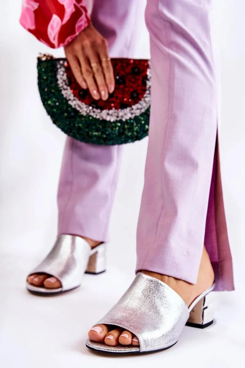 Online Skórzane Klapki Damskie Na Obcasie Srebrne Perry Damskie Klapki Na Obcasie|Klapki Damskie Klasyczne