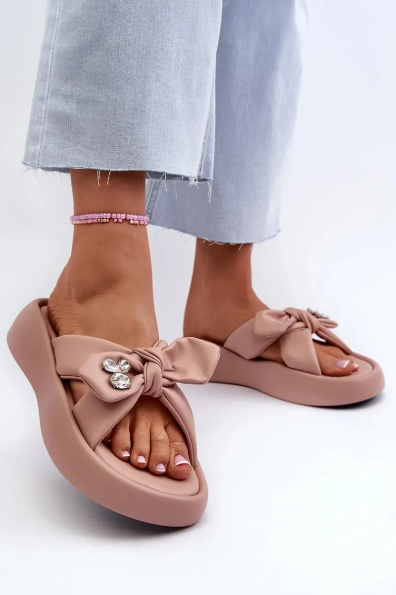 GOE Skórzane Klapki Damskie Na Platformie Różowe NN2N4109