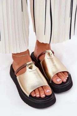 Skórzane Klapki Damskie Na Platformie Z Ozdobnym Paskiem D&A MK51-475 Złote Damskie Klapki Na Platformie|Klapki Damskie Klasyczne