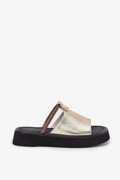 Skórzane Klapki Damskie Na Platformie Z Ozdobnym Paskiem D&A MK51-475 Złote Damskie Klapki Na Platformie|Klapki Damskie Klasyczne