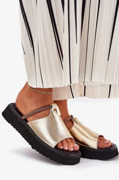 Skórzane Klapki Damskie Na Platformie Z Ozdobnym Paskiem D&A MK51-475 Złote Damskie Klapki Na Platformie|Klapki Damskie Klasyczne