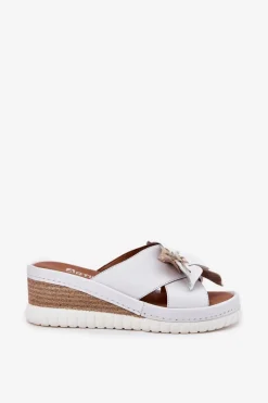 Discount Artiker Skórzane Klapki Damskie Na Koturnie Z Ozdobnym Kwiatem 52C0537 Białe Biały